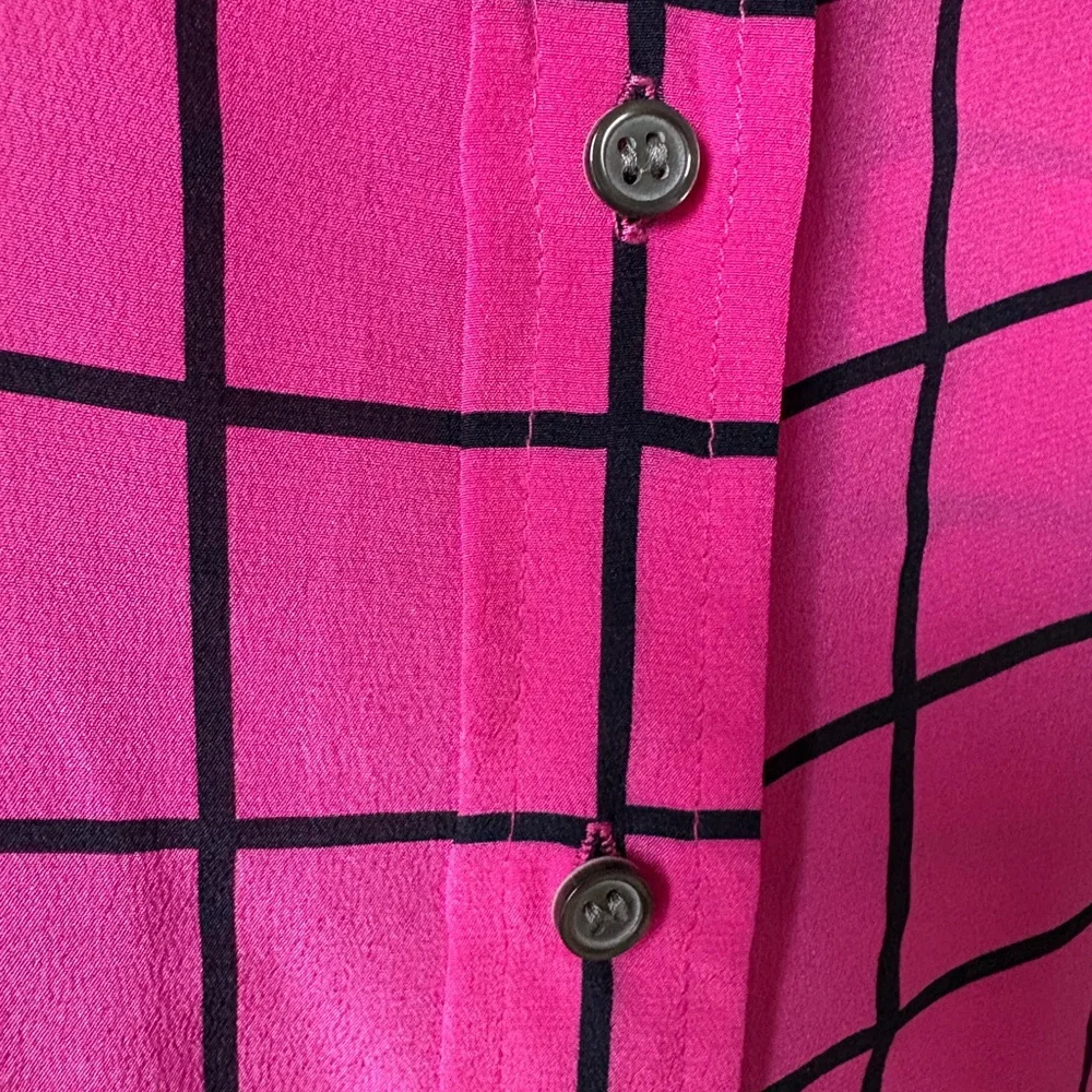 J.Crew 100% Silk Boy Shirt Blouse Fuchsia Pink Black Windowpane Plaid - Size S